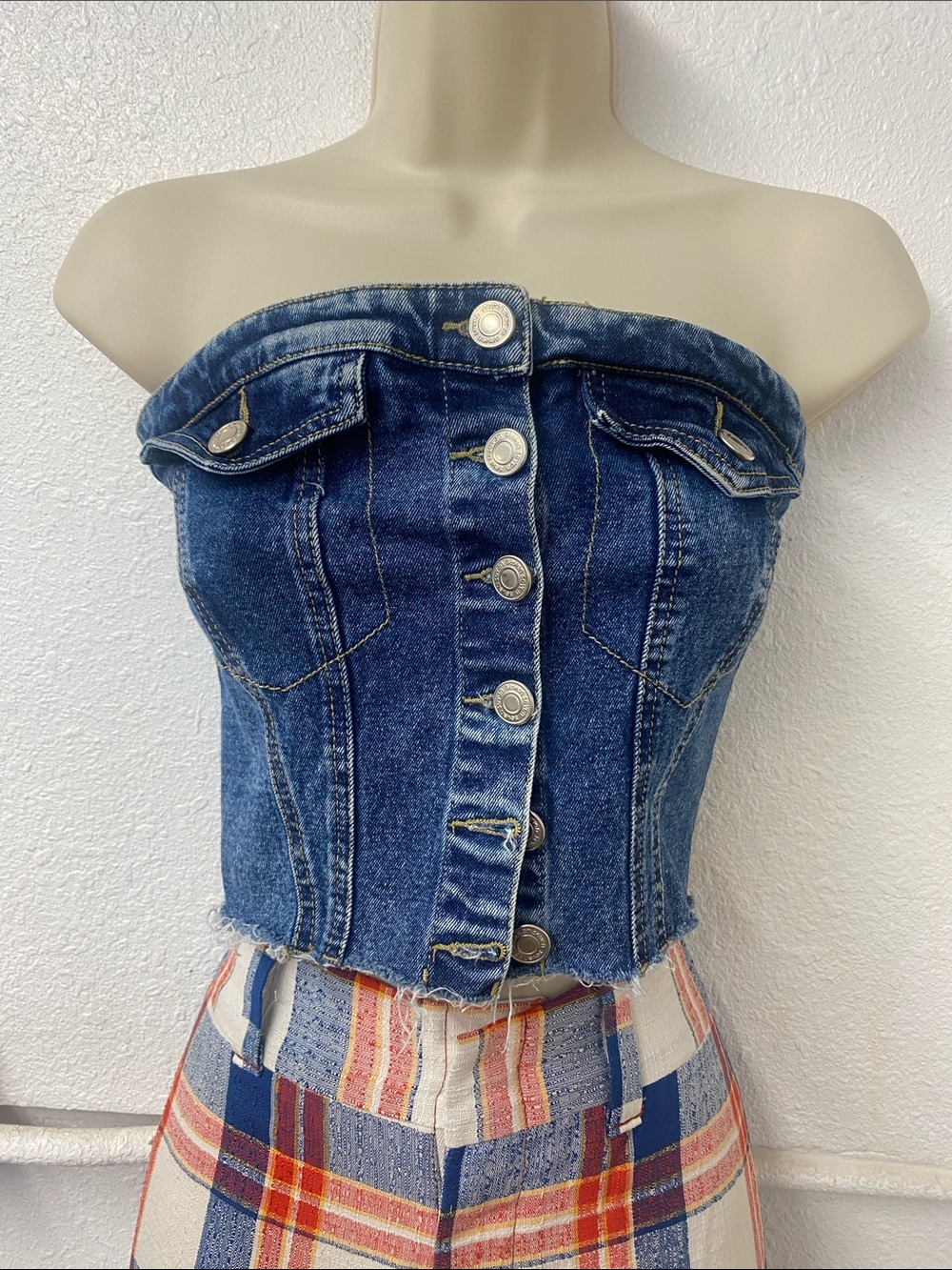 Seven Seven - Denim Blye/ raw hem Strapless Button-Front Corset Top -